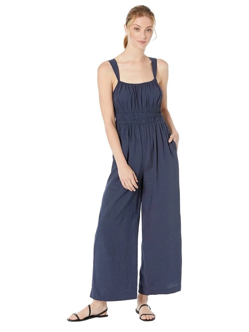 Madewell Linen Blend Sophia Tank Wide Leg Jumpsuit - Dark Baltic